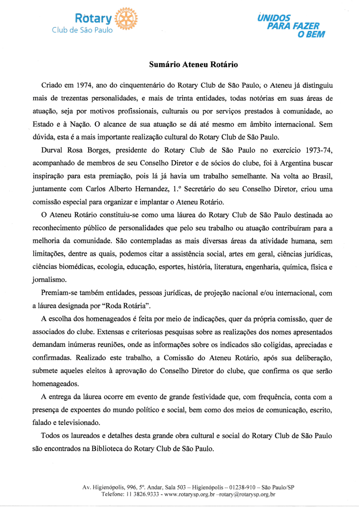 Sumário Ateneu Rotário do Rotary Clube de São Paulo