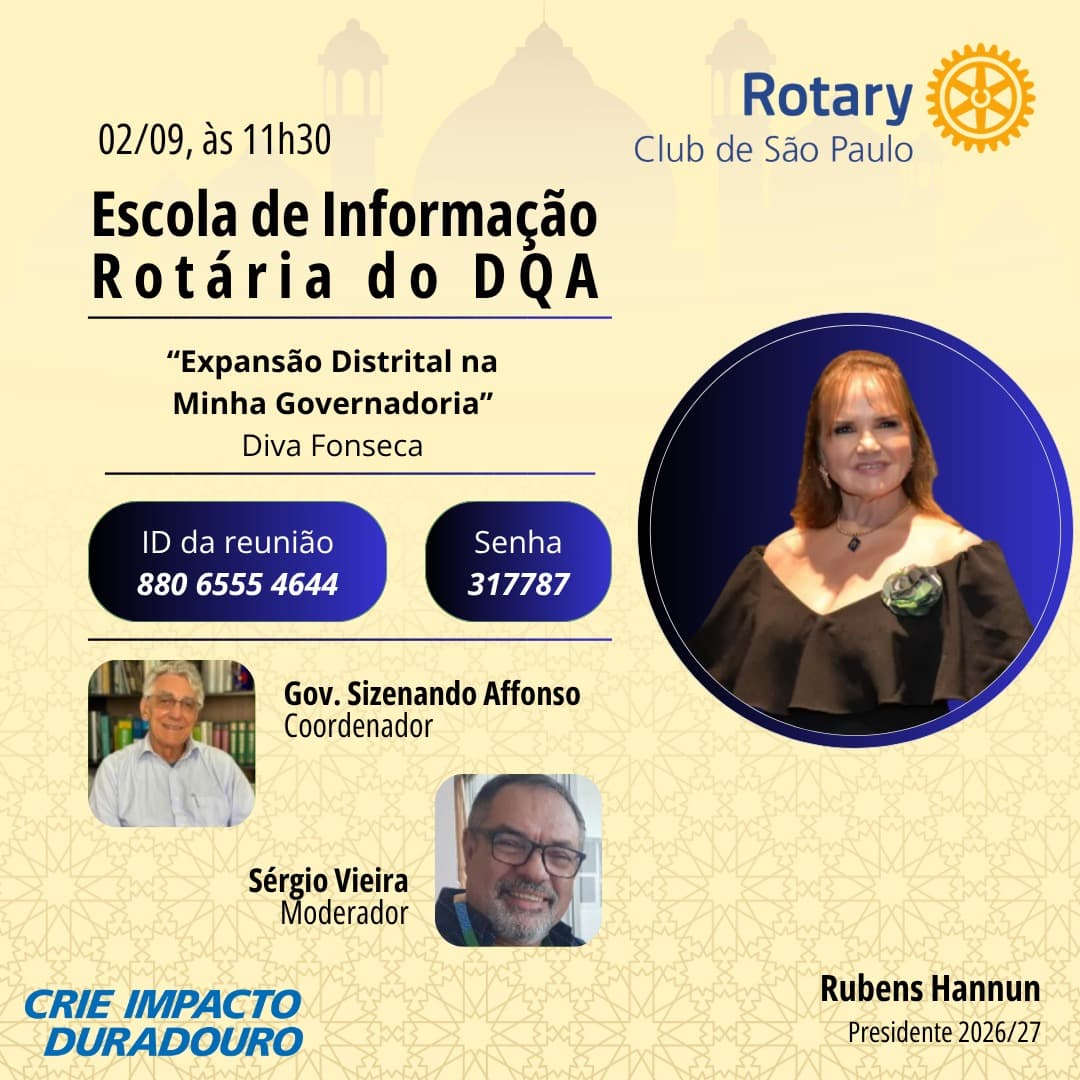 Convite da Escola de Informação Rotária do DQA com Diva Fonseca, em 2 de setembro de 2026