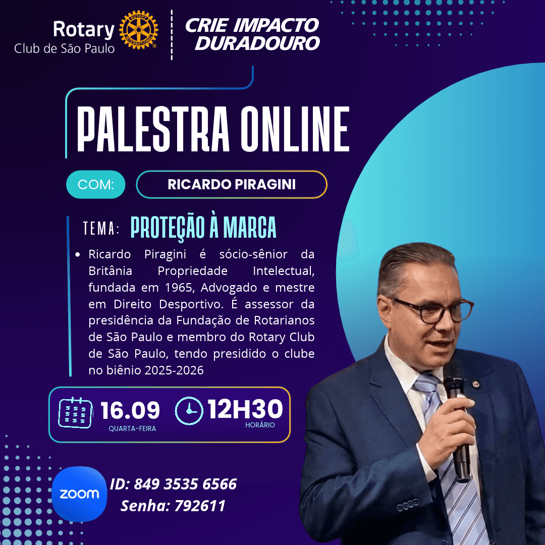 Convite para Proteção à Marca com Ricardo Piragini, em 16 de setembro de 2026 às 12h30