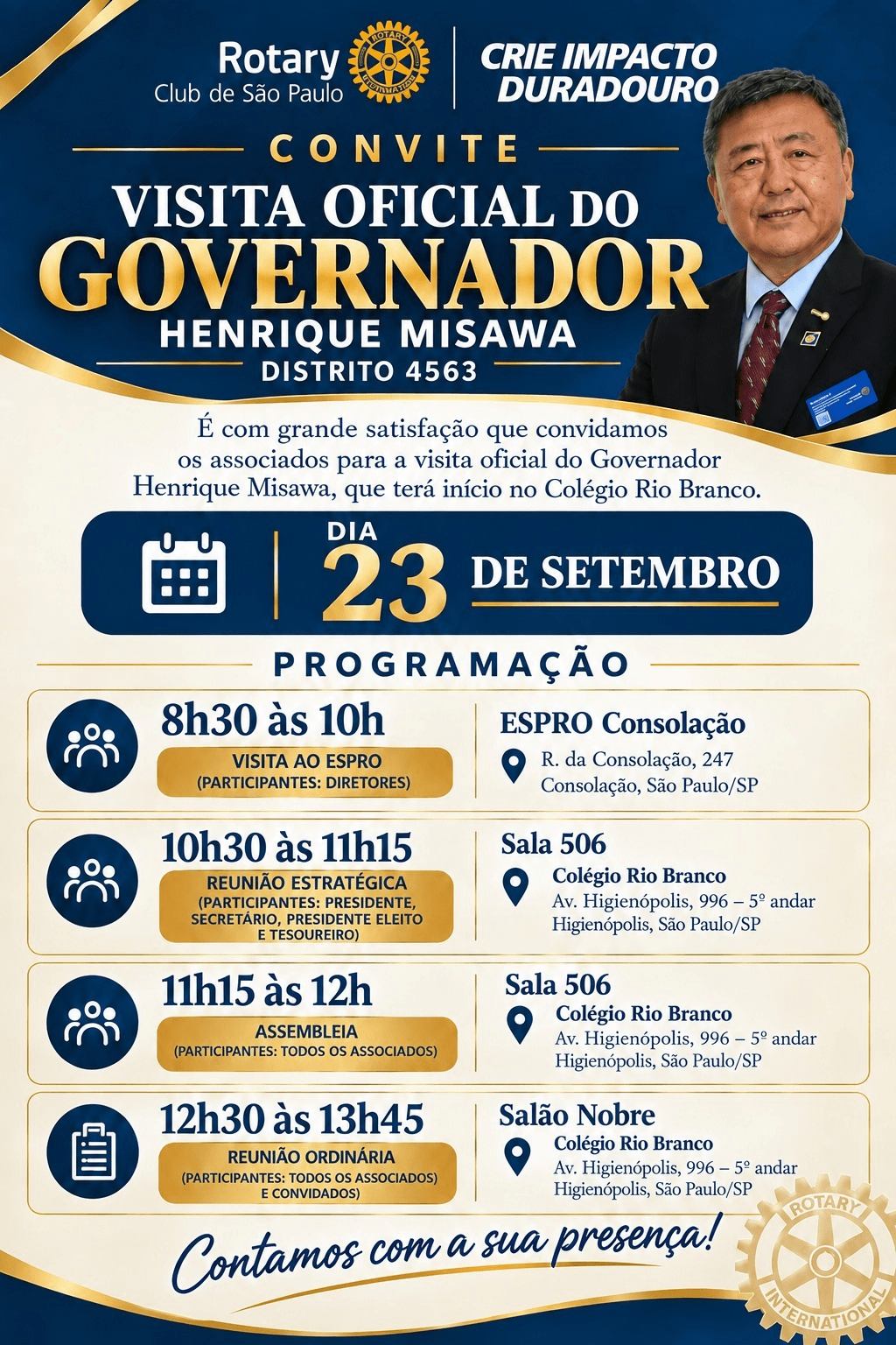 Convite para a visita oficial do Governador Henrique Misawa, Distrito 4563, em 23 de setembro de 2026, com programação das 8h30 às 13h45