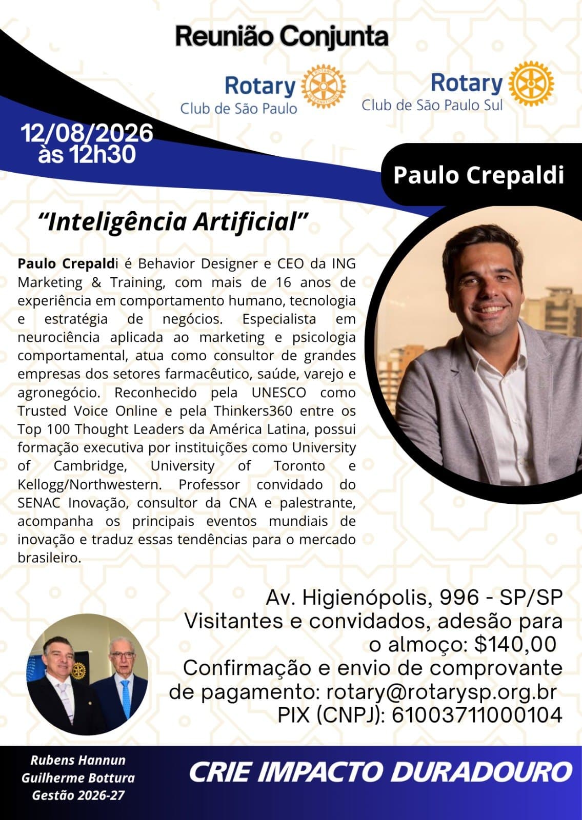 Reunião Conjunta Palestra IA de 12 de agosto de 2026, com Paulo Crepaldi no Rotary Clube de São Paulo