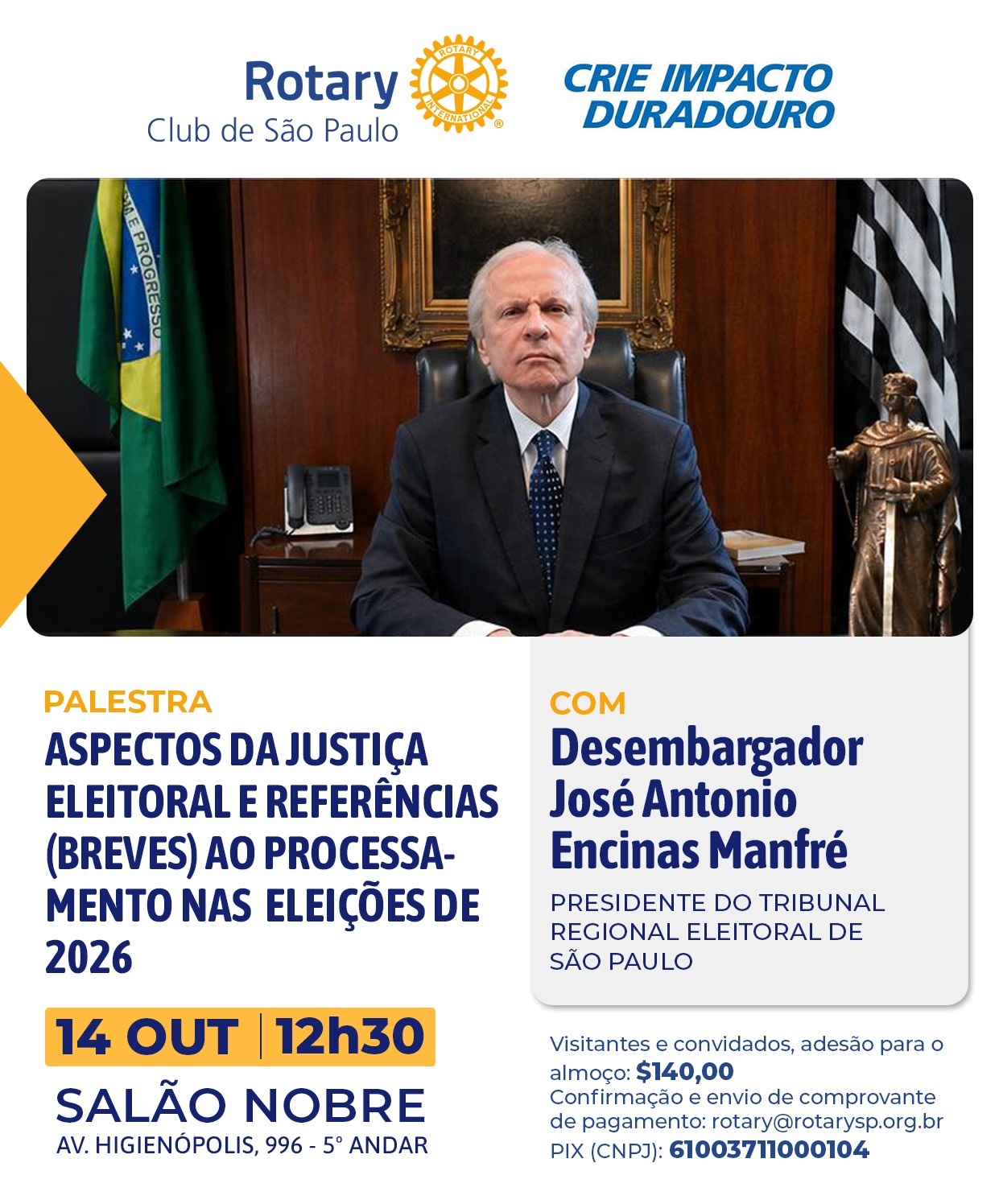 Convite para a palestra do Desembargador José Antonio Encinas Manfré em 14 de outubro de 2026 às 12h30