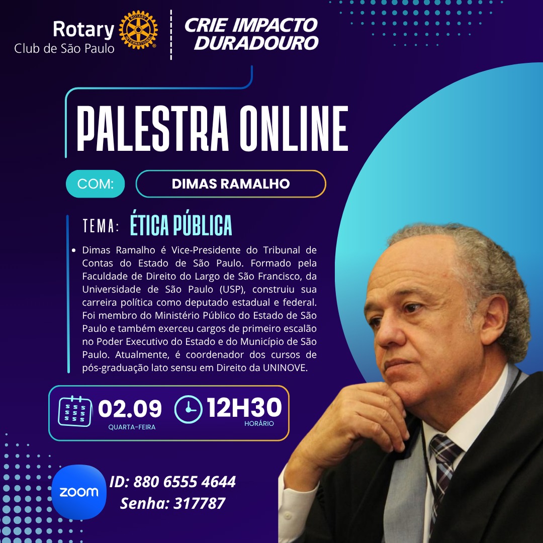 Palestra online Ética Pública com Dimas Ramalho, em 2 de setembro às 12h30