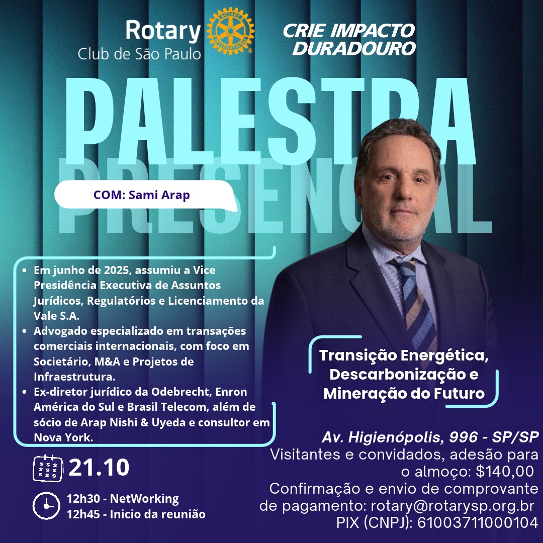 Convite para a palestra presencial de Sami Arap em 21 de outubro de 2026